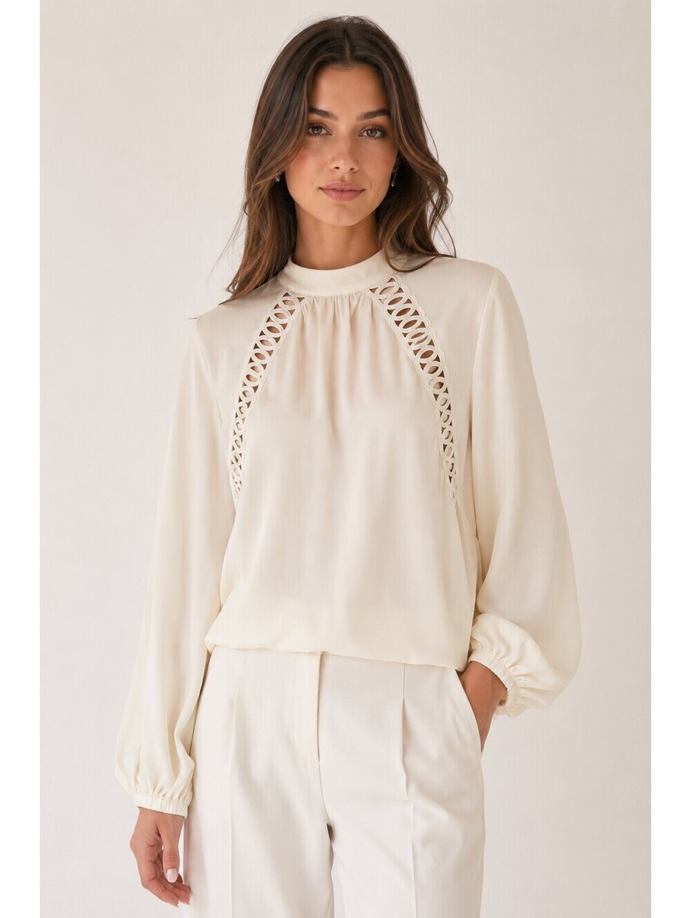 RAMY BROOK New York Ivory High Neck Lace Trim Tie Back Blouse Size S Elegant
